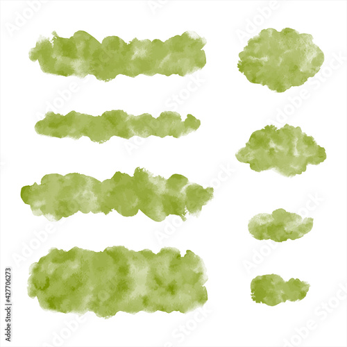 Khaki, olive green watercolor vector graphic design elements set. Brush strokes, spots, oval smears, uneven stripes, smudges. Watercolour stains text banner, cloud shape, frames. Painted backgrounds.