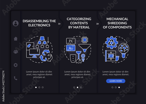E-trash recycle onboarding vector template. Responsive mobile website with icons. Web page walkthrough 3 step screens. Content categorizing by material night mode concept with linear illustrations