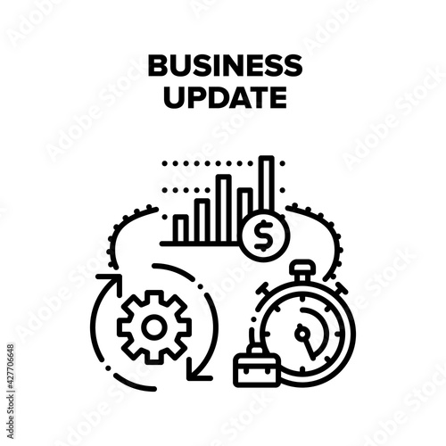 Business Update Vector Icon Concept. Business Update Technology And Strategy, Running Time For Updating Data And Analyzing Financial Market Chart. Upgrade Software Version Black Illustration