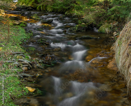 Uhlava river near Spicak hill with wooden bridge and spring fresh water