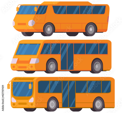 Yellow city bus. Vector illustration car flat style.Vehicle side view.Tourist intercity modern bus.