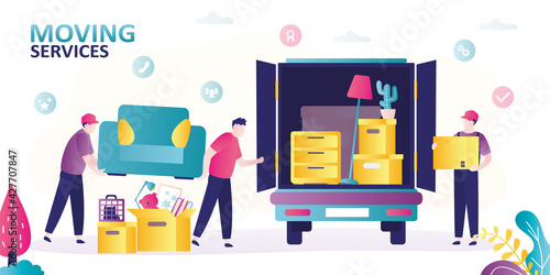 Big truck full of different household items. Van with lots of boxes and furniture Concept of moving service and freight company