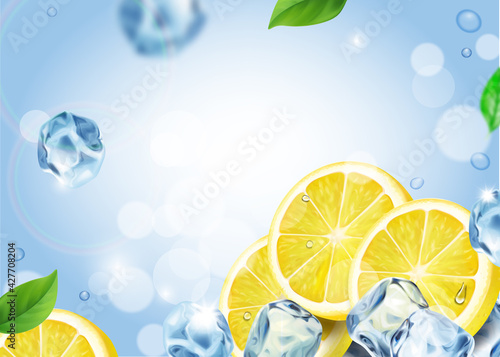 Lemon fruit with ice cubes refreshing background. Falling lemon slices realistic vector