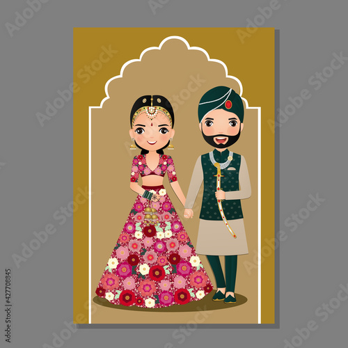  Wedding invitation card the bride and groom cute couple in traditional indian dress cartoon character. Vector illustration