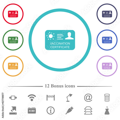 Vaccination certificate flat color icons in circle shape outlines