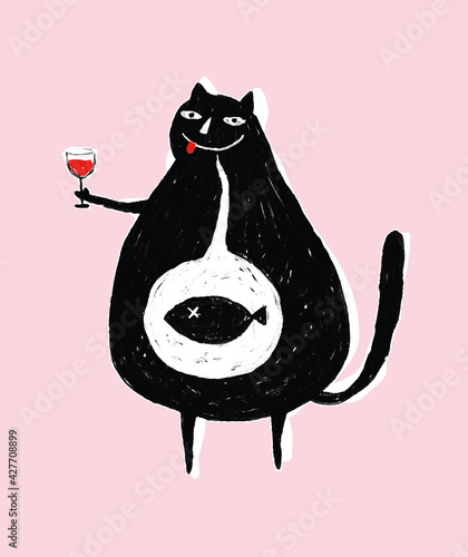 Big Fat Black Cat with a Glass of Red Wine and Black Fish in its Belly. Black Hand Drawn Kitty on a Light Pink Background. Abstract Vector Illustration for Cat Lovers. photo