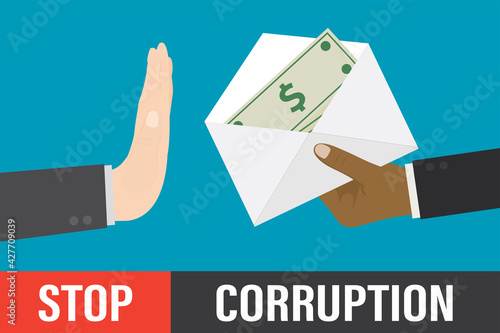 Stop bribery and corruption, concept. Hand gives envelope with banknotes, other man denies bribe.