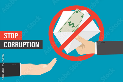 Stop bribery and corruption, concept. Hand gives envelope with banknotes, other empty hand want money.