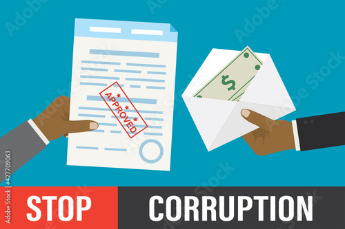 Stop bribery and corruption, concept. Hand gives envelope with banknotes, other hand holds accepted contract. Successful bribe deal.