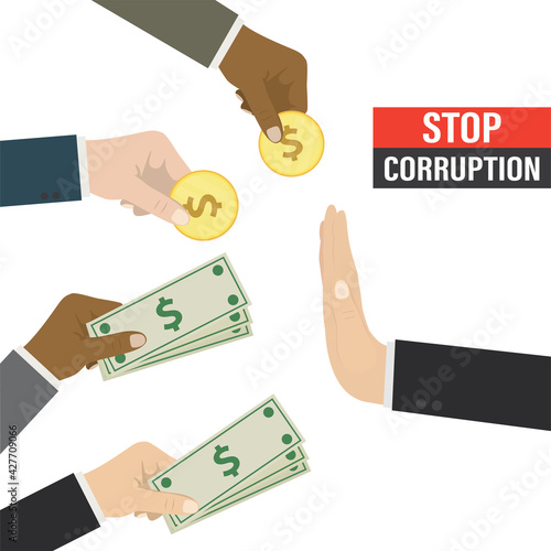 Hands pays banknotes and coins, other businessman shows stop gesture, deny bribe. Hand refusing to receive money cash.