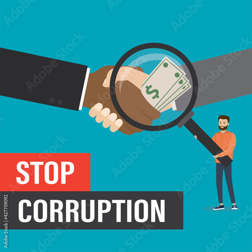 Stop corruption banner. Bribe, corrupt handshake. Male character with magnific glass, bribery investigation. Criminal deal. Exposing corruption,