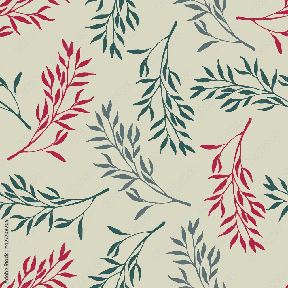 Fototapeta premium Foliages seamless pattern. Doodle sketch illustration. Floral Herb Design elements. Botanical forest tree foliage. Plant pattern For print, textile, fabric, wrapping paper, wallpaper, scrapbooking
