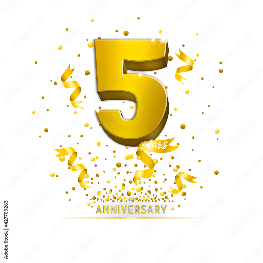 Fototapeta premium Poster template for Celebrating 5 anniversary event party. Gold 3d numbers with glitter gold confetti, serpentine. Festive background for celebration event, wedding, greeting card, and invitation