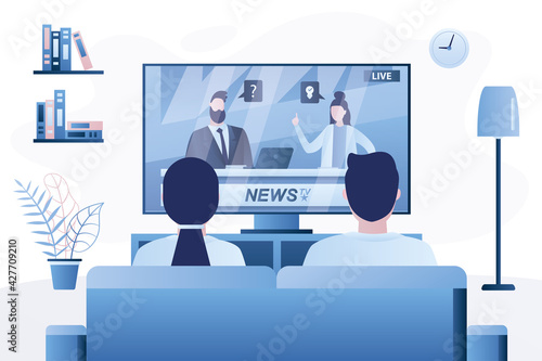 Family couple sitting on the couch and watching tv. News channel on tv screen. Male and female characters in trendy blue style, rear view.