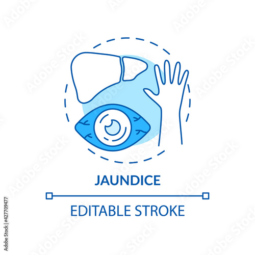 Jaundice concept icon. Liver disease sign idea thin line illustration. Acute liver failure. Reddish-yellow color. Abnormal metabolism. Vector isolated outline RGB color drawing. Editable stroke