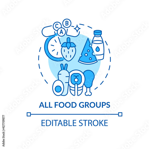 All food groups concept icon. Liver health requirement idea thin line illustration. Positive effects on metabolic health. Fruits, vegetables. Vector isolated outline RGB color drawing. Editable stroke
