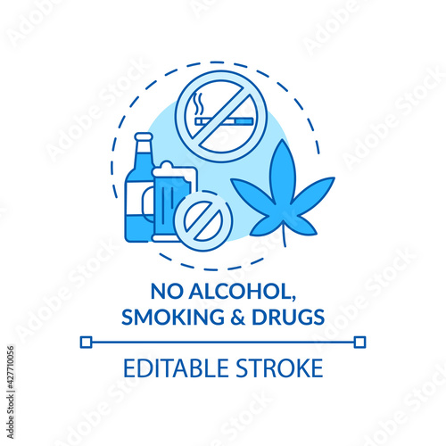 No alcohol, smoking and drugs concept icon. Liver health requirement idea thin line illustration. Alcoholic hepatitis, cirrhosis prevention. Vector isolated outline RGB color drawing. Editable stroke
