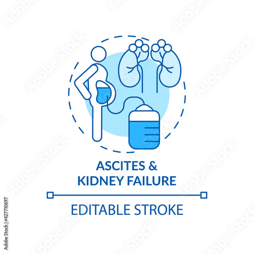 Ascites and kidney failure concept icon. Liver failure outcome idea thin line illustration. Cirrhosis sign. Organ dysfunction progression. Vector isolated outline RGB color drawing. Editable stroke