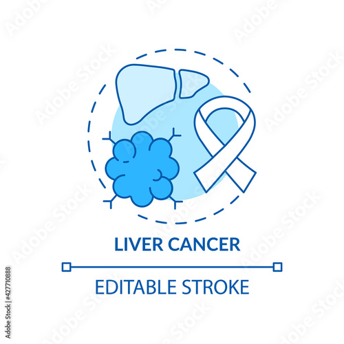 Liver cancer concept icon. Liver failure outcome idea thin line illustration. Weakness and exhaustion. Abdominal pain. Tumor progression. Vector isolated outline RGB color drawing. Editable stroke