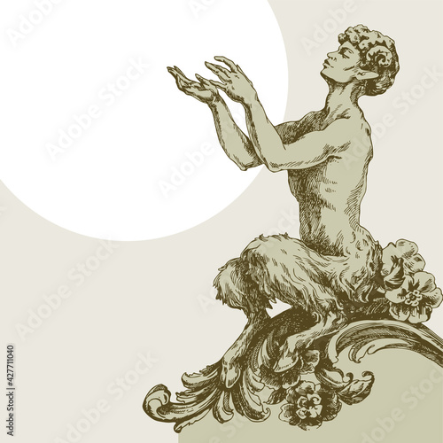 Sitting baroque scenic faun, engraving.