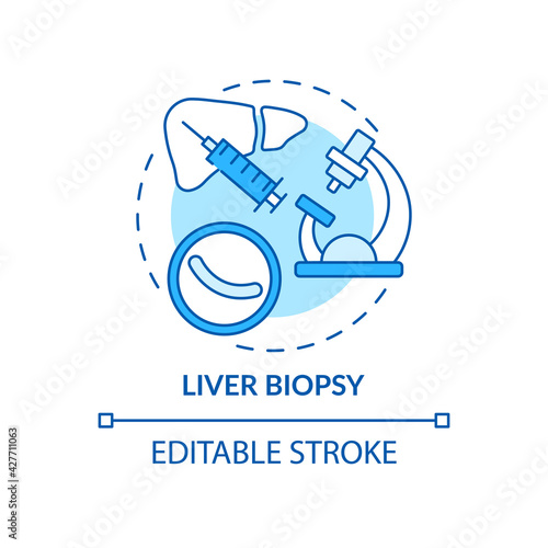 Liver biopsy concept icon. Liver diagnostics idea thin line illustration. Tissue sample collection. Inflammation, cancerous cells detection. Vector isolated outline RGB color drawing. Editable stroke