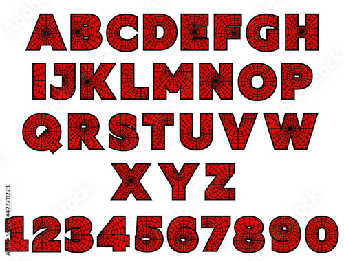 Black and red letters with cobwebs. 