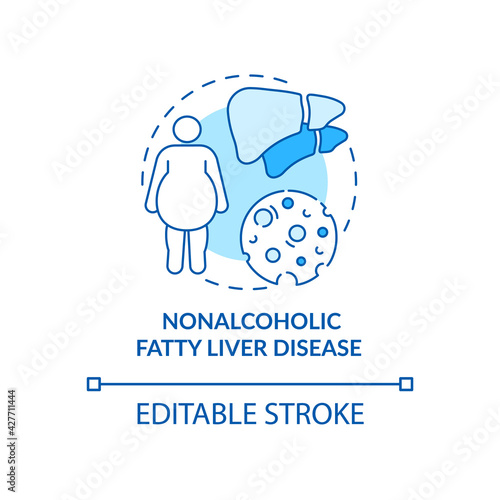 Nonalcoholic fatty liver disease concept icon. Liver disease type idea thin line illustration. Eating excess calories. Scarring, cirrhosis. Vector isolated outline RGB color drawing. Editable stroke