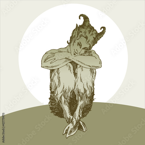 The Faun is thoughtful, an engraving in the Baroque style.