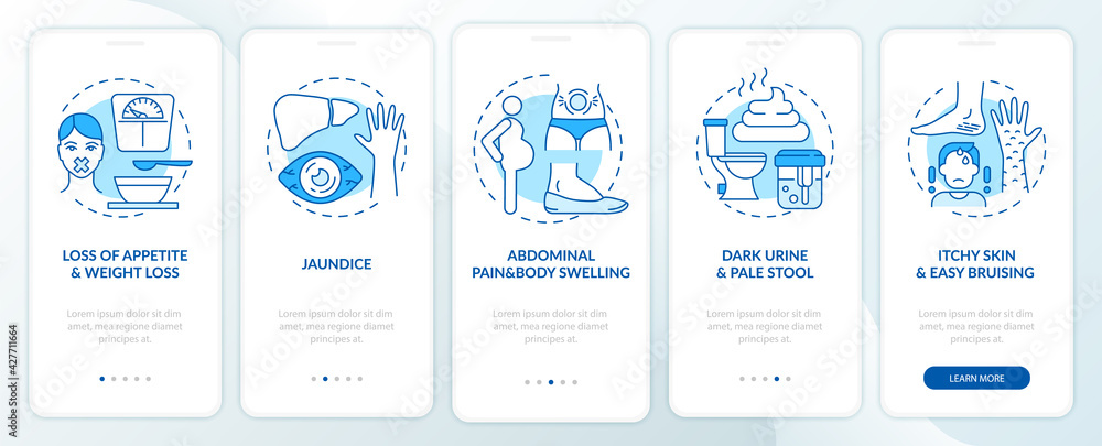 Fototapeta premium Hepatic disease signs onboarding mobile app page screen with concepts. Weight loss, swelling walkthrough 5 steps graphic instructions. UI, UX, GUI vector template with linear color illustrations