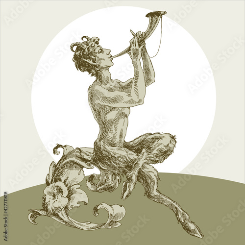Engraving baroque faun with horn.