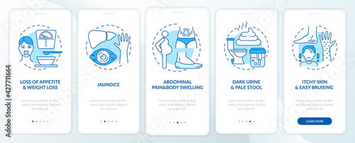 Hepatic disease signs onboarding mobile app page screen with concepts. Weight loss, swelling walkthrough 5 steps graphic instructions. UI, UX, GUI vector template with linear color illustrations