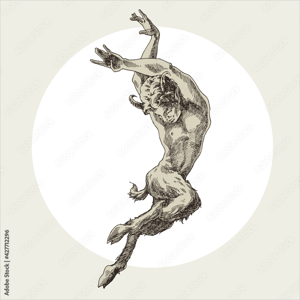 Dancing faun in the jump. Etching. - obrazy, fototapety, plakaty 