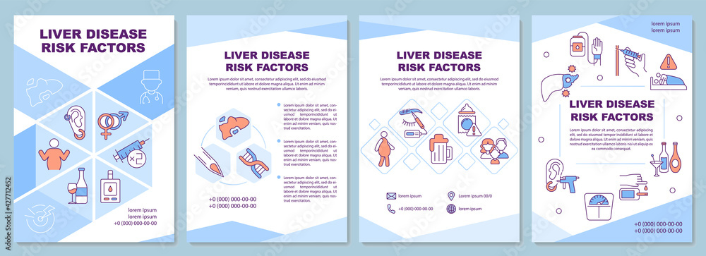 Liver disease risk factors brochure template. Obesity, alcoholism. Flyer, booklet, leaflet print, cover design with linear icons. Vector layouts for presentation, annual reports, advertisement pages