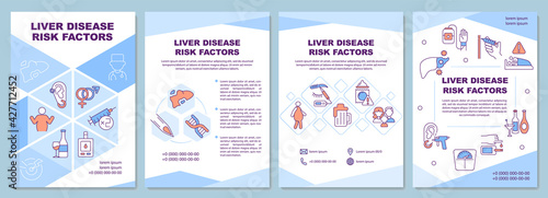 Liver disease risk factors brochure template. Obesity, alcoholism. Flyer, booklet, leaflet print, cover design with linear icons. Vector layouts for presentation, annual reports, advertisement pages