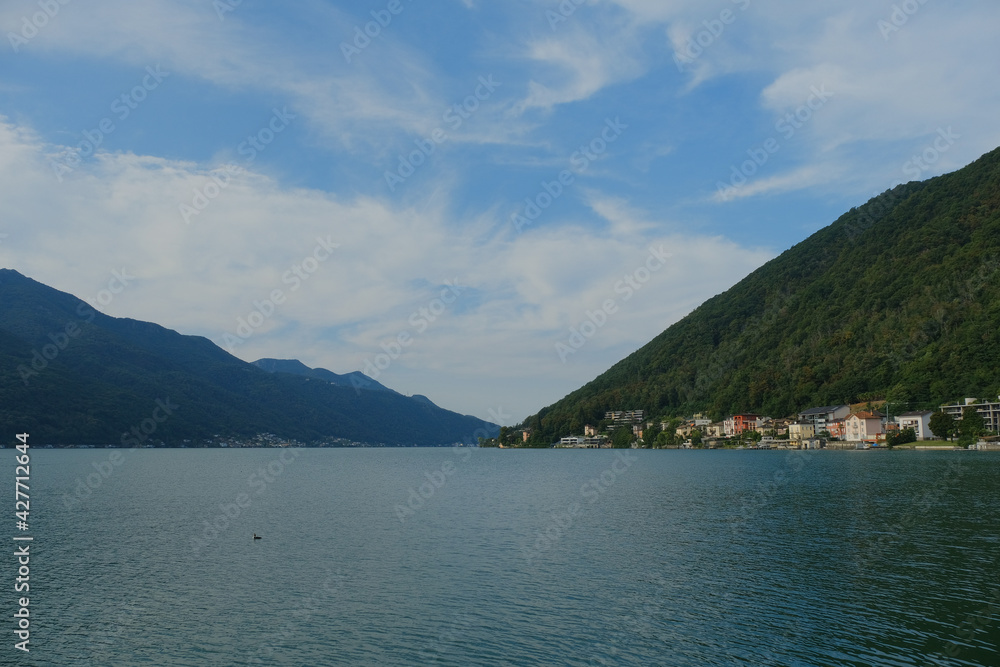 Il panorama del Lago di Lugano da Melide, in Canton Ticino.