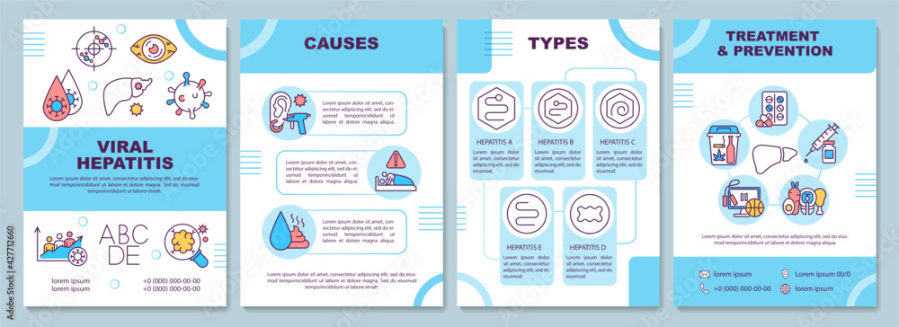Viral hepatitis brochure template. Types and causes. Treatment. Flyer, booklet, leaflet print, cover design with linear icons. Vector layouts for presentation, annual reports, advertisement pages