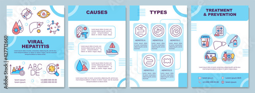Viral hepatitis brochure template. Types and causes. Treatment. Flyer, booklet, leaflet print, cover design with linear icons. Vector layouts for presentation, annual reports, advertisement pages photo