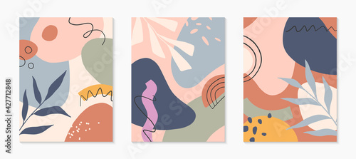Set of mid century modern abstract vector illustrations with organic shapes and leaves.Minimalistic art prints.Trendy artistic designs perfect for banners social media invitations branding covers