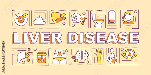 Liver disease word concepts banner. Liver function damage. Inflammatory condition. Infographics with linear icons on beige background. Isolated typography. Vector outline RGB color illustration