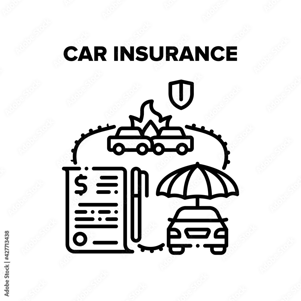 Car Insurance Vector Icon Concept. Car Insurance Safety Document, Customer Signing Agreement With Financial Agency For Protect Vehicle From Accident Damage And Fire Black Illustration Car Insurance Vector Icon Concept. Car Insurance Safety Document, Customer Signing Agreement With Financial Agency For Protect Vehicle From Accident Damage And Fire Black Illustration