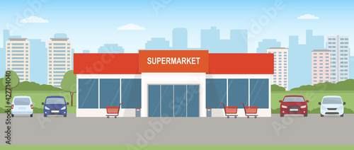 Supermarket building with parking lot. Urban landscape. Flat style, vector illustration.