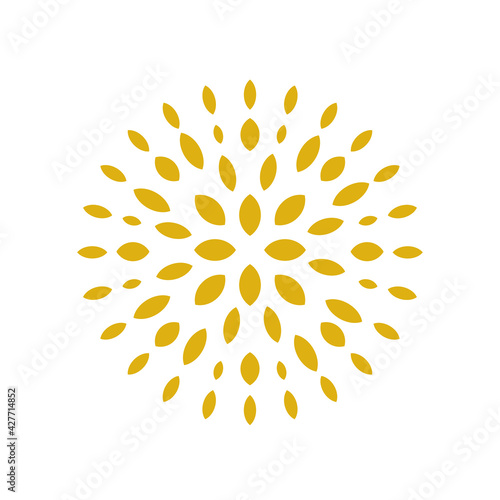 Explosion effect of random radial petals on a white background. Trendy yellow. Floral abstract circular pattern for printing on pillows, clothing, interior design. Vector illustration.
