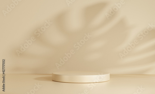 Luxury gold 3D background with shadows leaf monstera podium geometric shapes circle  pedestal on one floors Curved wall the platform for product presentation minimal   rendering
