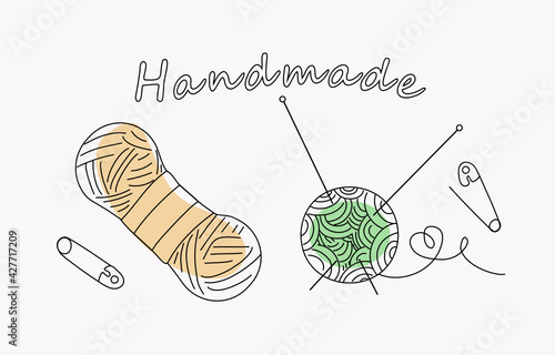 Knitting accessories - threads, knitting needles, pins. Text Handmade. Doodle style, vector. Isolated background.