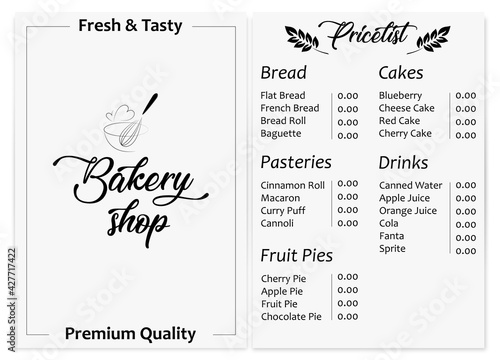 Illustration sticker business card pricelist for bakery shop fresh and tasty premium quality