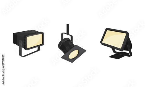 Photographer Studio Lighting Equipment with Spotlight and Lamp Vector Set