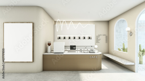 Cafe shop design Minimalist,White top counter,Wood slat counter,Shelf on white wall,Frame mockup on cream wall,Concrete floors -3D render