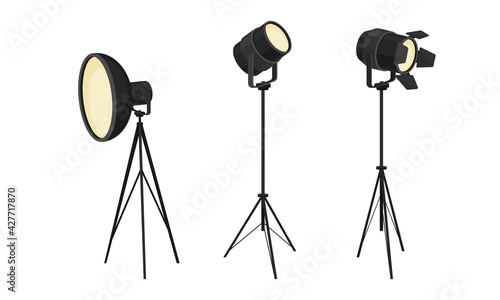 Photographer Studio Lighting Equipment with Spotlight and Lamp Vector Set