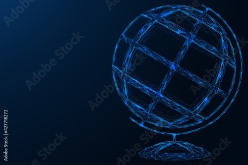 Layout of the globe on a stand. A polygonal three-dimensional model consisting of concatenated lines and points. Blue background.