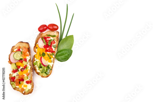 Italian bruschetta with mozzarella cheese, isolated on white background. High resolution image © GSDesign